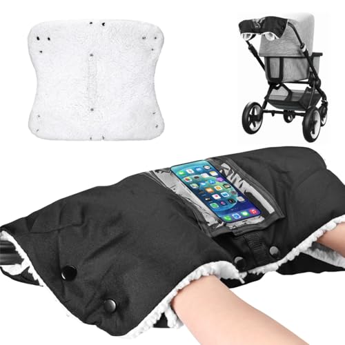 Yimomoyi Guantes Carro Bebe Invierno, Manoplas Carro Bebe Impermeables Extra Gruesos, Guantes de Silla de Paseo con Bolsillo para Celular, Guantes de Cochecito Prueba para Todos los Cochecitos (Negro)