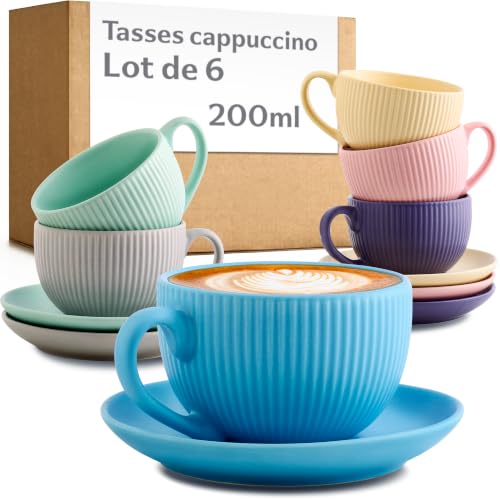 Cosumy Tasse à Cappuccino avec Soucoupe 200ml - 6 Tasse à Café avec Anse - Unique motif à rayures - Céramique mat - Lavable en lave-vaisselle - Pastel