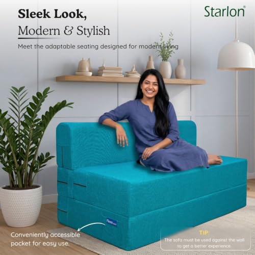 Image of Starlon 3 Seater Sofa Cum Bed Foldable 3-in-1 Sofa Bed with 1 Year Warranty, Washable Jute Fabric Cover | Aqua Teal 6x6 Ft