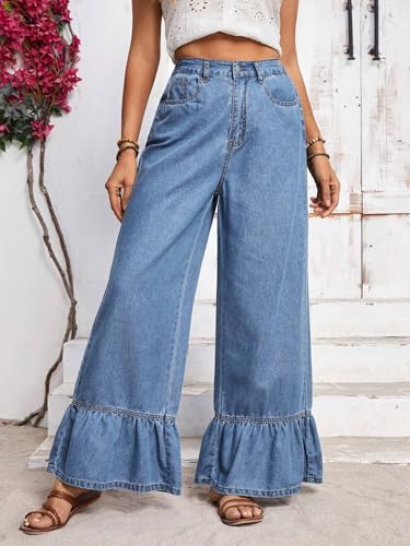 jeans for women trendy Solid Color Denim Pants With Ruffle Hem And Pockets For Casual Wear3