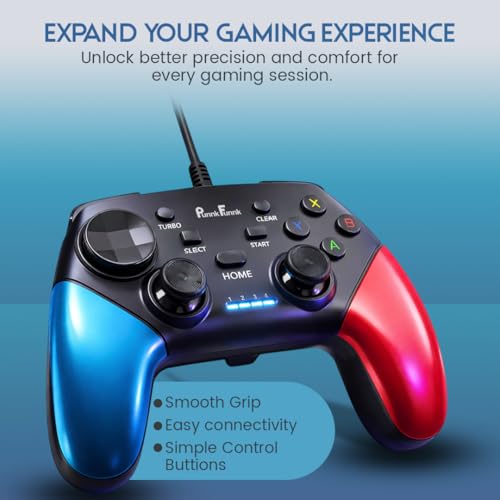 Image of PunnkFunnk Gaming Controller Lite Wireless Bluetooth Gamepad for Android, iOS, PC & Smart TV with Turbo Function, Ergonomic Grip, Rechargeable Battery (EliteX Wired Red Blue)
