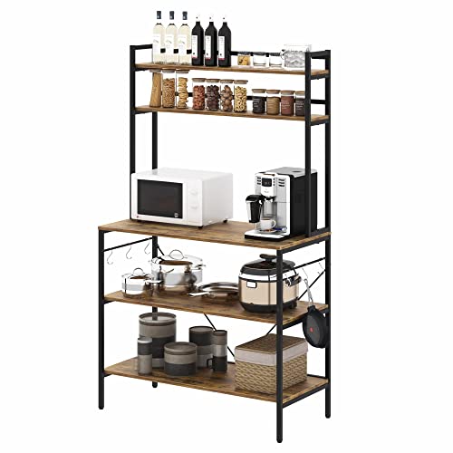 5-Tier Kitchen Bakers Rack With Hutch Adjustable Shelves, Stable Kitchen Storage Shelves Organizer Microwave Oven Stand Coffee Bar Table Station With 6 S-Hooks, Easy To Assemble, Rustic Brown #TOP4