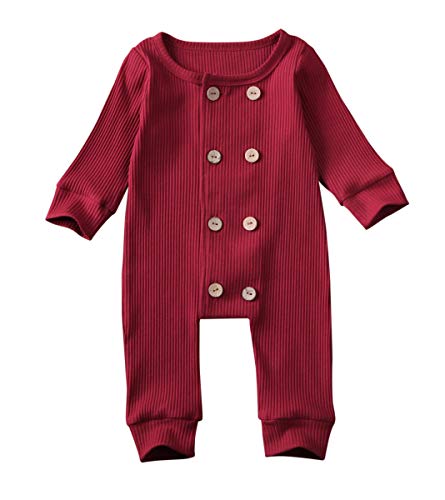 Newborn Baby Boy Girl One Piece Rompers Long Sleeve Organic Rompers Jumpsuits Pajamas Sleeper Overall Toddler Clothes (B Wine Red Button, 3-6 Months)