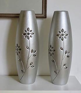 Perfect for displaying dried grasses and flowers. PAIR of 2 Silver wooden vases 30 cm tall