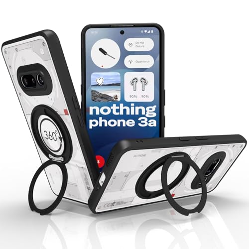Image of RIGGEAR Shockproof Sleek Hybrid Armor 360 Rotating Magnetic Ring Stand Back Cover Case Compatible with MagSafe Accessories for Nothing Phone 3a (Clear PC + Black TPU Bumper)