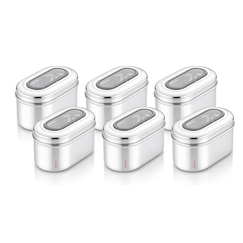 Image of Ebun Stainless Steel Top See Through Containers | Stainless Steel Container with Lid | Capsule Shape Steel Kitchen Containers Set | Steel Airtight Container | 750 Gms Capacity Approx | Pack of 6