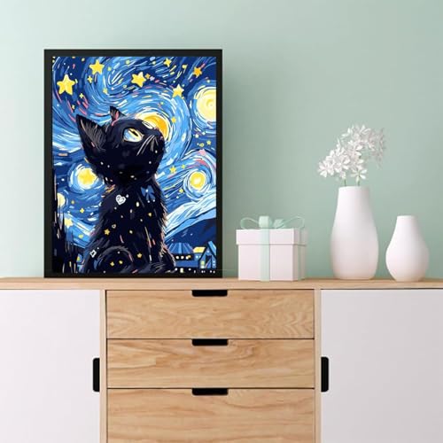 Image of Eiazuiks Stamping Cross Stitch Kit, Starry Sky Cat Counting Cross Stitch Kit for Adult Beginners, Full Line DIY Stitching Kit for Home Decor Cross Stitch Patterns 12x16 inches