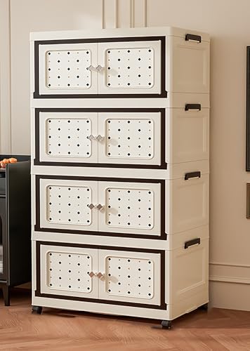 Image of House of Quirk Multifunctional Folding Storage Box Cabinet with Doors and Wheels - Space-Saving Storage for Clothes, Toys, and More - Ideal Mother and Child Clothing Organizer (4 Layer, 65cm)