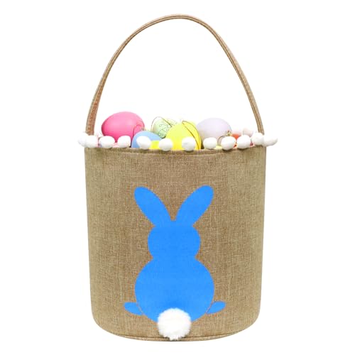 Easter Bunny Baskets, Easter Egg Hunt Bunny Bags Little Baskets with Fluffy Tail Canvas Cotton Rabbit Handbag Bucket Tote Bag for Kids Girls (Hairball, Blue)