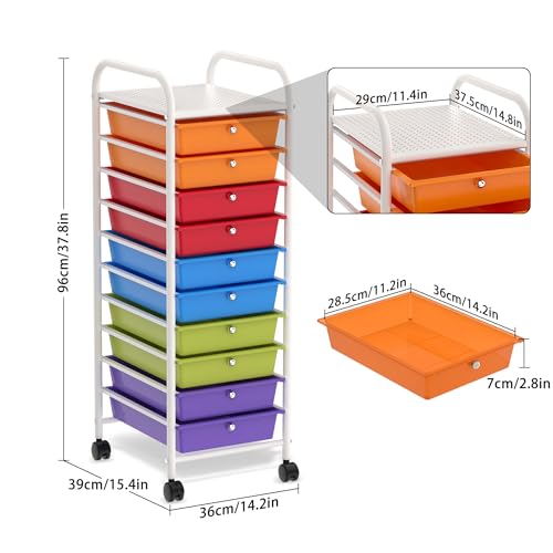 FIVMEN Carrello con rotelle con 10 cassetti, organizer per cassetti, con struttura in metallo e ripiano portaoggetti