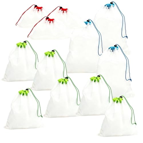 Red de almacenamiento para juguetes, juego de 12 bolsas de viaje reutilizables con cordón deslizante, bolsa de frutas y verduras de 3 tamaños, para frutas, verduras, sala de juegos, piscina, playa,