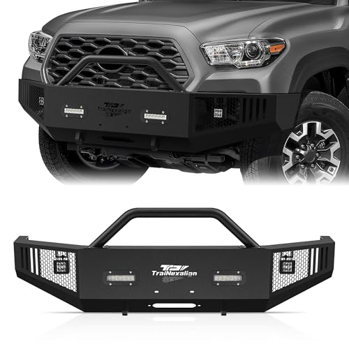 TraiNexalign Front Bumper Compatible with 2016 2017 2018 2019 2020 2021 2022 2023 Toyota Tacoma Built-in LED Light Wiring Harness Rock Crawler and Winch Plate