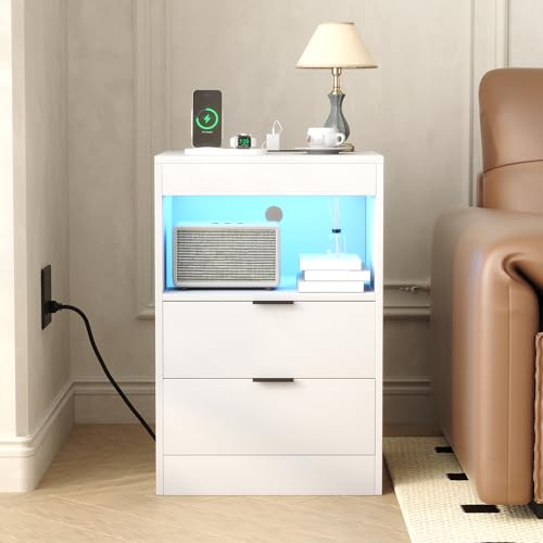 Yusong LED Nightstand Bedside Table with Charging Station 2 Drawers, White Modern Sofa Couch End Side Table with LED Lights and Pull-Out Shelf for Bedroom Living Room, Wooden by Yusong - Image 2