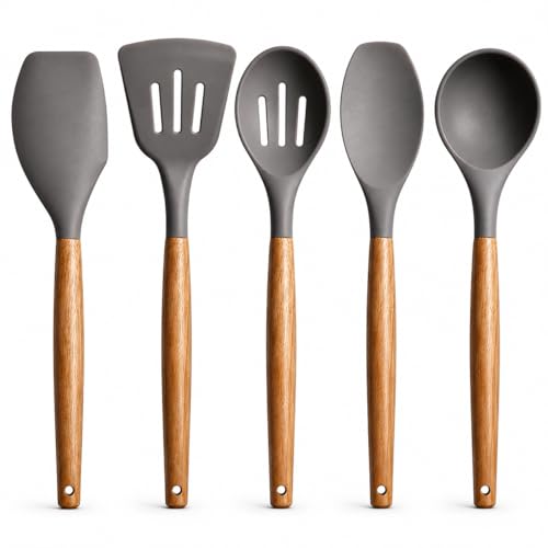 Zollyss Premium Silicone Kitchen Utensil Set with Wooden Handles – Non-Stick Cookware Safe Cooking Tools, Heat Resistant Spatula & Spoon Set for Kitchen (5 PCS, Grey) Zollyss Premium Silicone Kitchen Utensil Set with Wooden Handles – Non-Stick Cookware Safe Cooking Tools, Heat Resistant Spatula & Spoon Set for Kitchen (5 PCS, Grey)