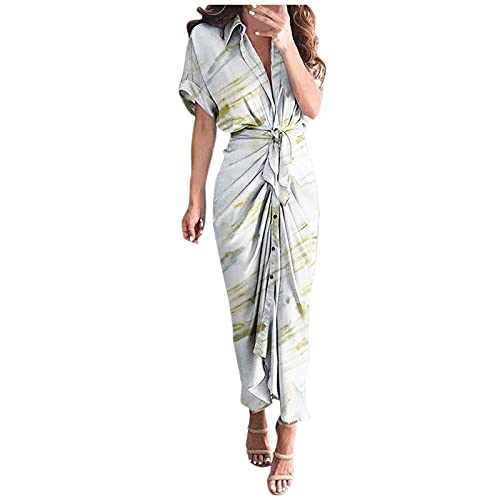 Wadonerful Shirt Dresses for Women Bohemia Button Down Collar Floral Print with Belt Casual Bodycon Maxi Dress Puff Sleeve