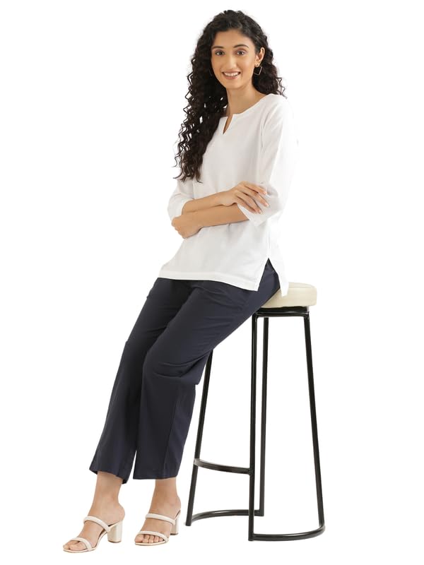 Image of SAADAA Airy Linen Split Neck Short Kurta for Women | Casual & Office Wear | 3 /4 Sleeves, Comfortable Fit | Elegant Top | Lightweight & Breathable Fabric |