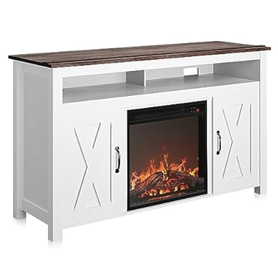 BELLEZE Modern 48" Barn Door Wood TV Stand with 18" Electric Fireplace Heater & Media Entertainment Center Console Table for TV up to 50" with Two Open Shelves and Cabinets - Corin (White)