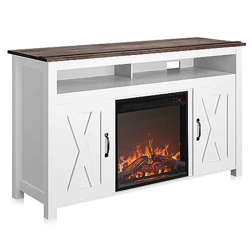 BELLEZE Modern 48" Barn Door Wood TV Stand with 18" Electric Fireplace Heater & Media Entertainment Center Console Table for TV up to 50" with Two Ope
