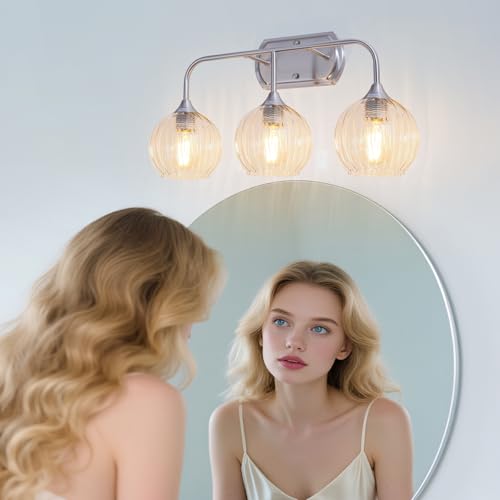Image of MantoLite 3-Light Brushed Nickel Vanity Light,Ribbed Glass,E26 Hardwired | Bathroom Mirror Wall Lamp with Clear Glass Shade,Bathroom Light Fixtures Over Mirror ,Bulb not Included(Max 60W)