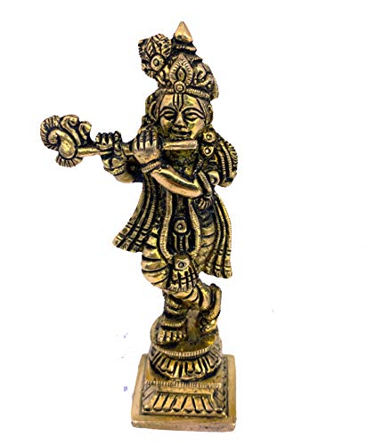 Vyomika Decor Lord Krishna Idol Brass Statue|Small Lord Krishna Brass Idol Statue Hindu God Religious Sculpture| Size for Home D cor for Living Room and Puja Item Temple Mandir