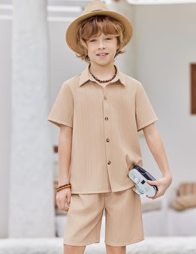 Image of Arshiner Boys Casual Short Sleeve Button Down Shirt Fashion Textured Summer Beach Shirt 3-13 Years Old