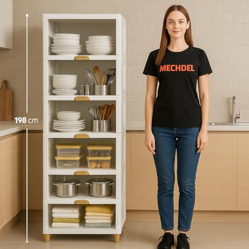 Image of mechdel Cupboard Rack for Clothes Plastic Cabinet for Storages Foldable Wardrobe for Clothes Plastic Cloth Rack for Storages Clothe Storage (Cupboard Rack-1 Door - White, 6+6 (Set))