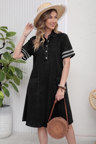 Image of utcoco Denim Dress for Women 2026 Casual Tulle Short Sleeve Button Jean Midi Dress with Pockets