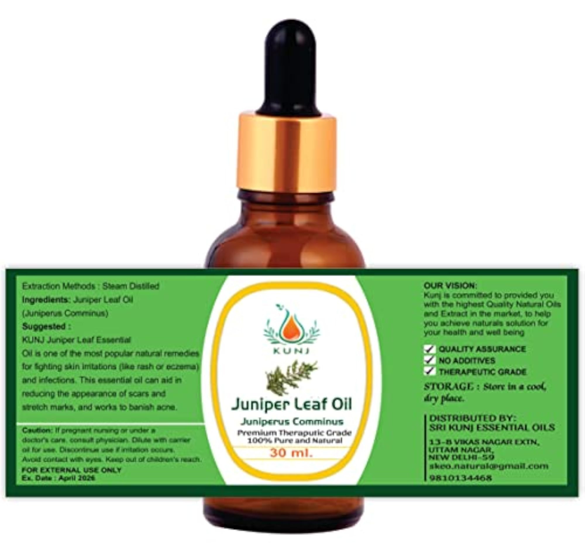 KUNJ Juniper Leaf Essential Oil, Skin Care & Aromatherapy