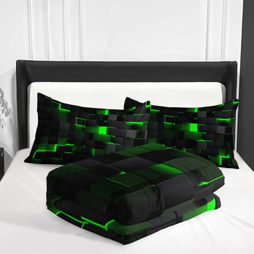 Image of Nttopship Neon Green Black Comforter Set Full Geometric Kids Bedding Set,3 PCS Geometry Honeycomb Bed Set Modern Quilt Set 1 Comforter 2 Pillow Cases Cool Room Decor All Season B-Side Black