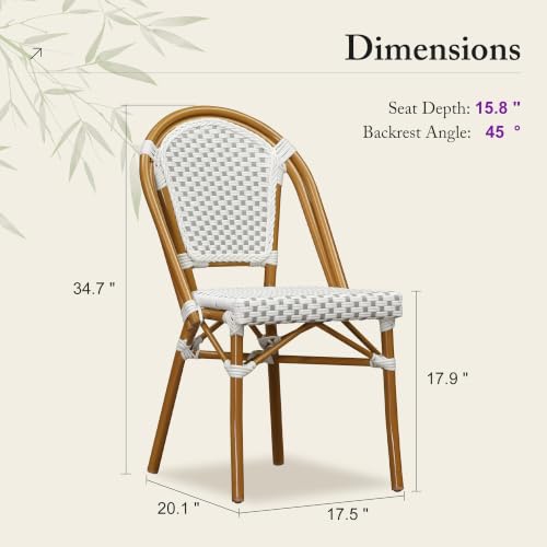 Image of PURPLE LEAF Outdoor Dining Chair Set of 4 Patio French Aluminium Frame in Bamboo Finish with White & Gray Woven Rattan for Indoor Kitchen Deck Bistros Cafe Restaurant