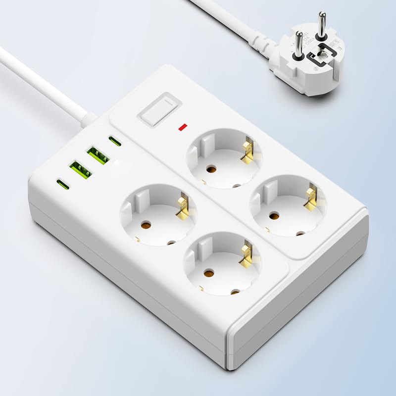 Steckdosenleiste 8-in-1 mit 4 AC-Steckdosen, 2 USB und 2 Type-C, 2500W, 10A, für Zuhause, Büro und Reisen (Weiß)