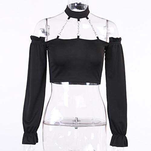 Dark Punk Crop Top with Chains Women Punk Off Shoulder Hollow Out Solid Backless Long Sleeve Tops4