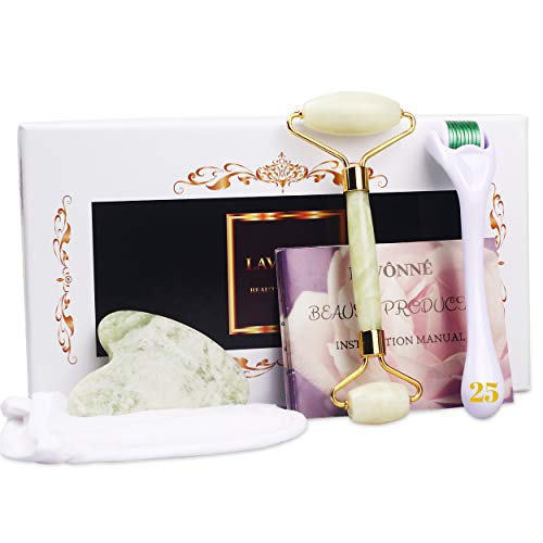 LAVÔNNÉ【4 In 1】Authentic Jade Roller & Gua Sha + Derma Roller Massager +Cleaning Pad Reusable.Instant Facial Tightening/Lifting/Depuffing/Anti Wrinkle/Bags/Spots. Eye/Face Roller Set.Beauty Gift Set.