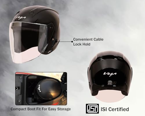 Image of Vega Lark ISI Certified Gloss Finish Lightweight Open Face Helmet for Men and Women with Long Clear Visor(Black, Size:M)