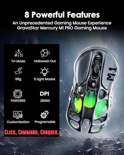 GravaStar Mouse da Gioco Senza Fili Mercury M1 PRO, Mouse da Gioco MMO in Lega di magnesio, 26.000 DPI, 88 g di Peso Leggero con Design Scavato, 5 Pulsanti programmabili, 5 modalità RGB - Immagine 1