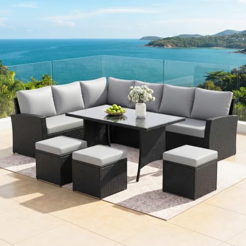 Image of DEVOKO 6 Pcs Outdoor Conversation Set Patio Furniture Set All Weather Wicker Sectional Couch 7 Seater Sofa Dining Table Garden, Poolside, Balcony, Backyard (Black And Grey Color)