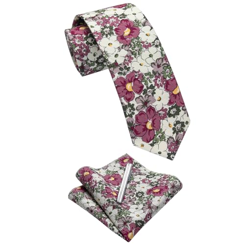 Image of YourTies Cotton Floral Tie for Men 2.5 inch Printed Skinny Necktie Pocket Square Tie Clip Set Flower Wedding Party Groom