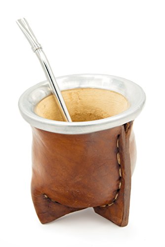 Leather Wrapped Handmade Mate Gourd with Alpaca Silver Trim and Silver Bombilla. Made in Argentina (Tan, Natural Gourd)