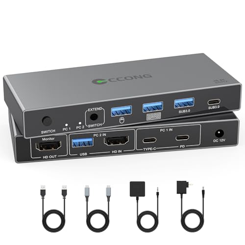 HDMI USB C KVM Switch 1 Monitors 2 Computers with 100W PD Port for Laptop