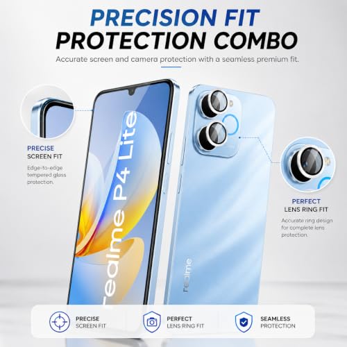 Image of FIRST MART Tempered Glass for Realme P4 Lite 5G with Silver Camera Ring Guard & Installation Kit | HD Clear Edge-to-Edge Screen Protector, Scratch Resistant, Case-Friendly | Pack of 1