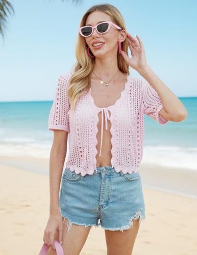 Image of Kate Kasin Women Crochet Shrug Knit Sweater, Short Sleeve Cropped Cardigan | Tie Front Tops Light Weight, Knit Cover Up Arm Bolero For Evening Dresses Dressy Casual, Ladies Eyelet Shawl Thin Formal