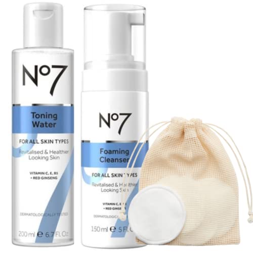No7 Foaming Cleanser - No7 Toner - 6 Cotton Makeup Remover Pads - Wash Bag - Cleanse and Tone Bundle