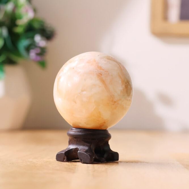Image of Natural Stilibite Crystal Ball 150-200 Gm with Wooden Stand | Polished Healing Crystal Sphere for Reiki, Meditation, Feng Shui, Vastu Decor & Crystal Collection
