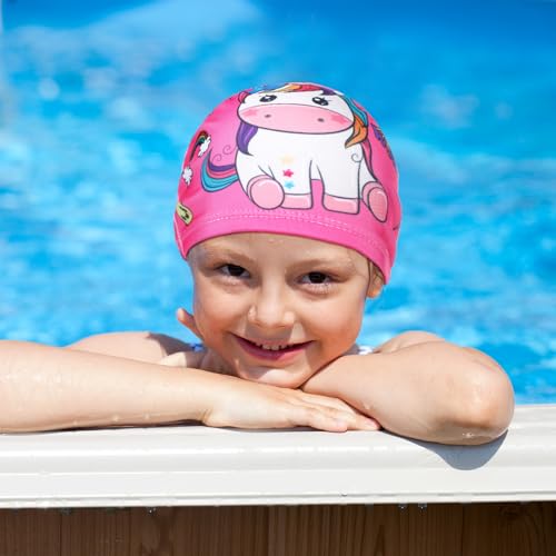Image of Geyoga 3 Pcs Kids Swim Caps for Boys Girls Age 2-12 Swimming Hat Pool Cap Child Swim Hat for Toddler Youth (Vibrant Style)