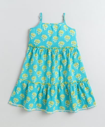 Image of The Magic Wand Kids Girls Printed Casual Dresses, Knee Length Singlet Strap Fit & Flared Cotton Once Piece Stylish Frocks for Summer Season