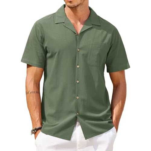 COOFANDY Men's Hawaiian Floral Shirts Cotton Linen Button Down Tropical Holiday Beach Shirts Small A- Army Green