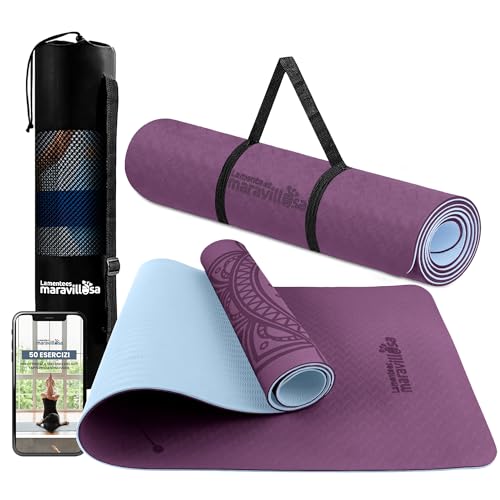 LA MENTE ES MARAVILLOSA - Tappetino per Yoga, Pilates, Fitness o Altri Sport, Tappetino Antiscivolo in TPE con Borsa a Tracolla, Tappetino da Allenamento 183 x 61 cm (Mandala, Viola/Blu Chiaro)