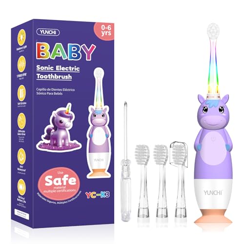 Cepillos de dientes eléctricos para bebés de 0 a 3 a 6 años, cepillo de dientes con temporizador, luz LED arcoíris colorida, 4 cabezales suaves, funciona con pilas para niñas y niños, YUNCHI K3