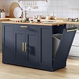 YITAHOME 53 inch Large Rolling Kitchen Island with Trash Can Storage Cabinet, Portable Mobile Islands Table Long Floating Movable w Wheels Cabinet for 13 Gallon Garbage Bin 2 Drawer, Navy Blue