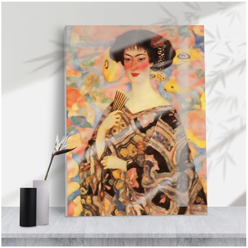 Ornate Art Nouveau Woman with Fan Framed Art,Japanese-Inspired Kimono Floral